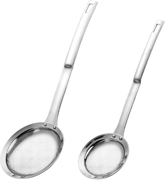 Kitchen Skimmer Strainers Stainless Steel Mesh Colanders Food Strainers Set Fine Mesh Sieve With Handle Slotted Spoon Handheld Fry Oil Filter For Cooking Vegetable Strainer Foam Hot Pot 2Pack
