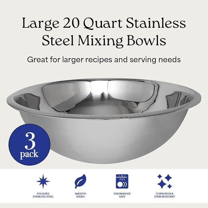WHYSKO® Large Mixing Bowls, Set of 3 Stainless Steel 20 Quart Bowls for Restaurants, Food Service, Caterers and Home Kitchen Use, Rust Proof Bowls Great for Meal Prep, Baking, Serving, Food Storage