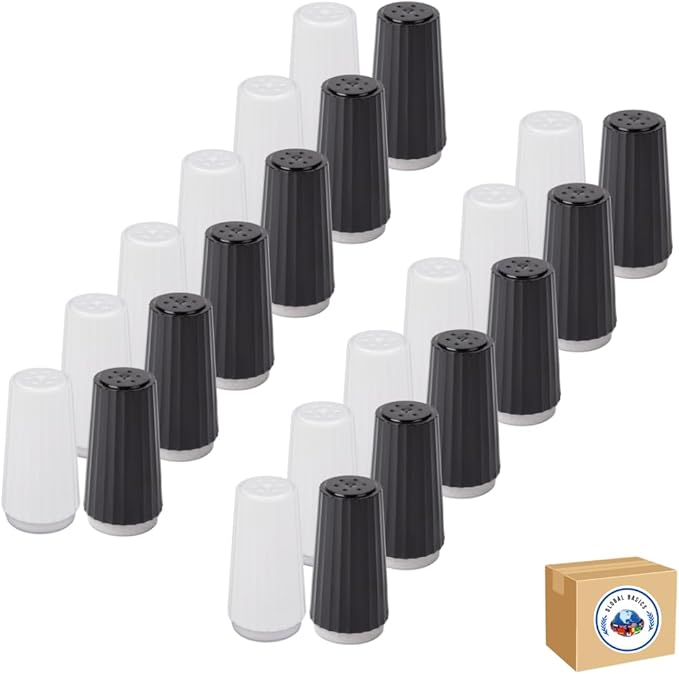 Disposable Salt and Pepper Shakers by Global Basics (24)- Plastic Shaker Sets for Parties, Restaurants, Picnics, Cookouts - Prefilled Salt and Pepper Shakers with 4oz. Salt, 1.5oz. Pepper - 24-Pack