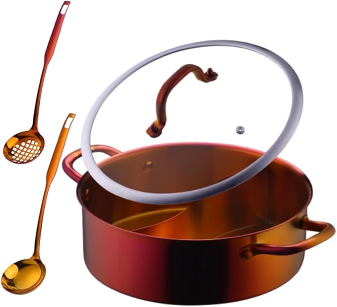 11.8 Inch Stainless Steel Shabu Hot Pot with Divider, Glass Lid Dual Sided Stockpots, Slotted Spoon and Soup Ladle for Induction Cooktop Gas Stove (Orange Red)