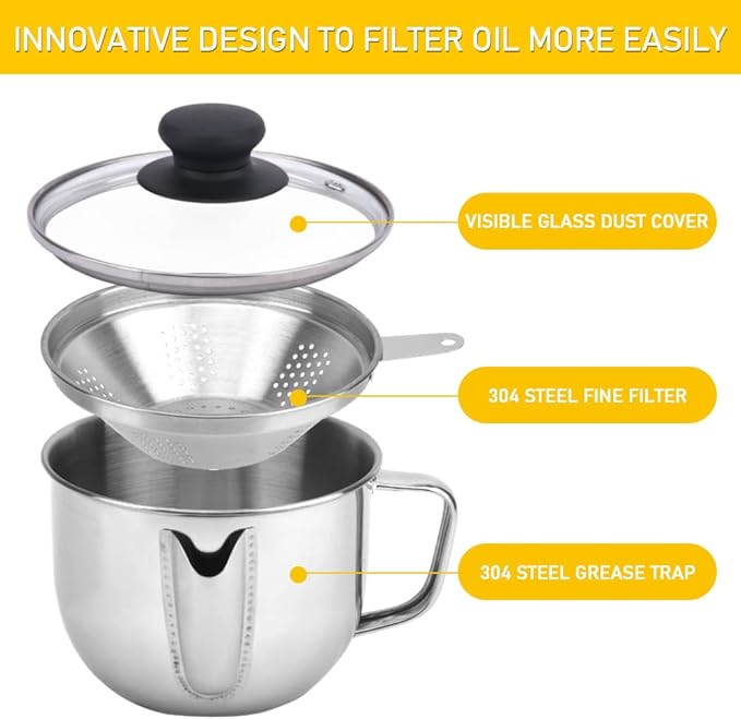 Stainless Steel Fat Separator 4 Cup/1000ML Gravy Grease Separator with Strainer and Glass Lid, Soup Oil Separator Cup for Cooking, Oil Soup Separator Strainer Pot for Kitchen