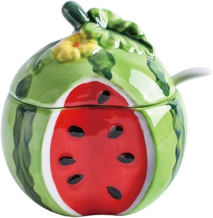Ceramics Fruit Shaped Sugar Bowl Salt Pot Pepper Storage Jar with Lid and Spoon Seasoning Box Condiment Pots (Watermelon)
