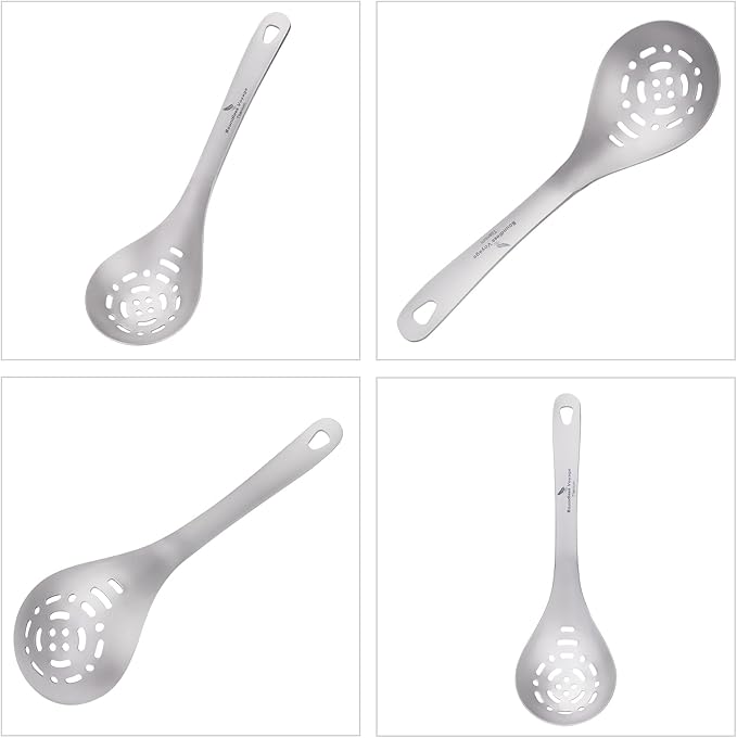 iBasingo Titanium Slotted Spoon Ultralight Kitchen Strainer for Cooking, Noodles, Salad & Hot Pot Fried Food Durable Metal Colander for Outdoor Camping Backpacking Home used, Dishwasher Safe Ti1038A