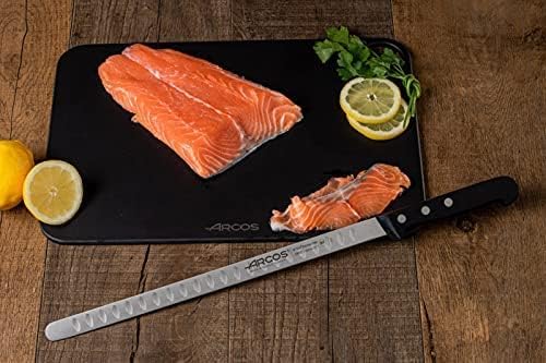 Arcos Salmon Knife/Fish Knife 11 Inch Nitrum Stainless Steel and 290 mm blade. Ergonomic Polyoxymethylene POM Handle. Series Universal. Long, sturdy blade and serrated edge. Easily cuts. Color Black