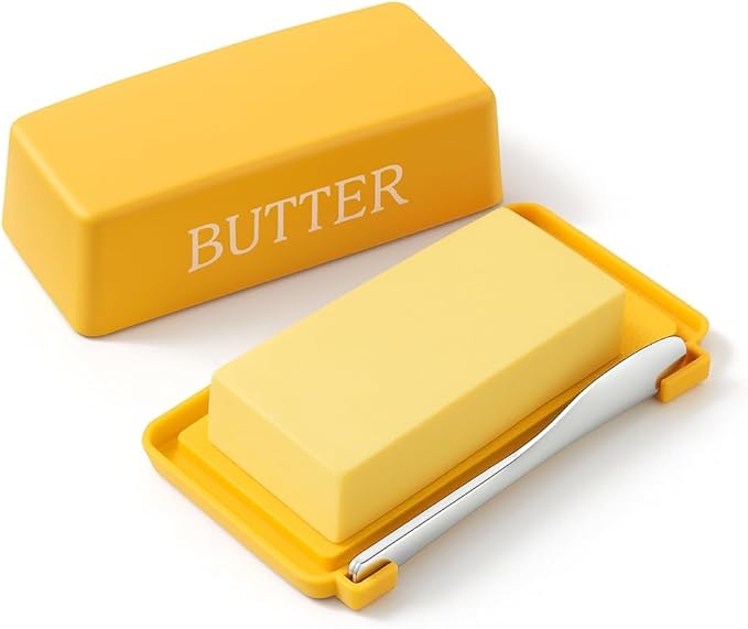 Butter Tray With Cover And Knife,Food Grade Plastic Butter Dishes With Lid And Stainless Steel Cheese Knife For Countertop,Yellow Cheese Storage Container