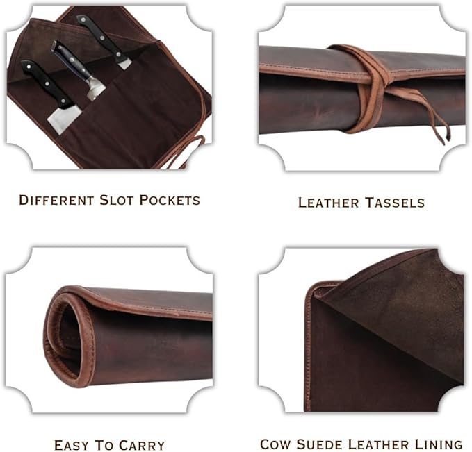 Autentico Genuine Buffalo Leather Small Knife Case Holder Chef's Knife Roll Holder Cutlery Sheath Carrying Case Organizer Storage Bag Travel Friendly Artist Gift for Men & Women Teak