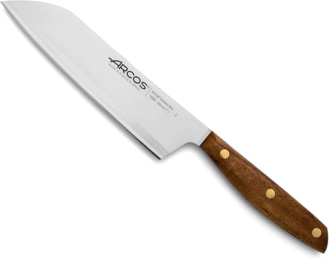 Arcos Santoku Knife 7 Inch Stainless Steel. Japanese Kitchen Knife for Fish, Meat and Vegetables. Ovengkol Wood Handle 100% natural FSC and 190mm Blade. Series Nordika. Color Brown.