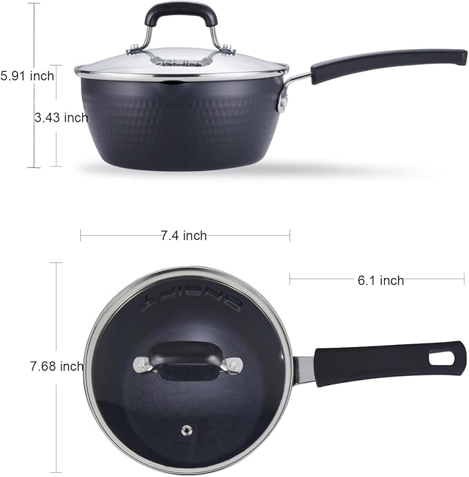 ONGIFT Nonstick Small Sauce Pan with Lid, 1.75QT Yukihira Sauce pan with Pour Spouts, Multipurpose Handy Little Saucepan with Stay Cool Handle, Small Pots for Cooking, Soups, Noodles, Milk