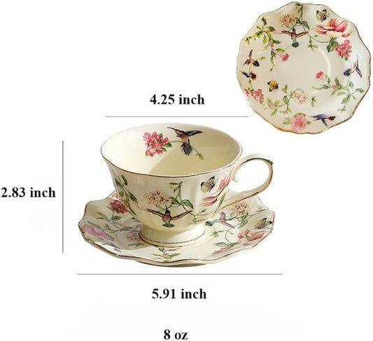 8 oz Vintage flower Ceramic cup and 6" saucer set with Brand customized stainless steel spoon Gifts for Afternoon Tea Coffee Hour (G)
