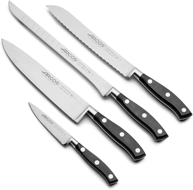 ARCOS Knife Set 5 pieces Nitrum Stainless Steel and mm blade. 3750 gr. Professional Cooking Knife For Cutting Variety of Foods Ergonomic Polyoxymethylene POM Handle. Series Riviera. Color Black.