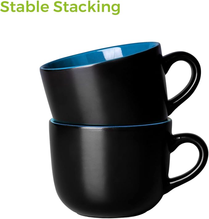 GBhome Jumbo Soup Mugs with Handles, 24 Oz Large Coffee Mugs Set of 4, Ceramic Soup bowls for Coffee,Cereal,Snacks,Salad,Noodles etc Soup Cups,Microwave&Dishwasher safe-Blue Inside