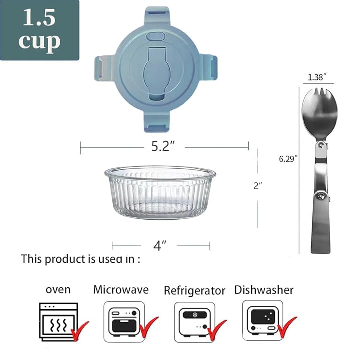 12oz Round Glass Food Storage Containers with Lids and Foldable Cutlery, 1.5 cup Round Glass Lunch Containers, Small Food Bowls for Office, School, Outdoor, Microwave, Freezer Safe -4 Pack