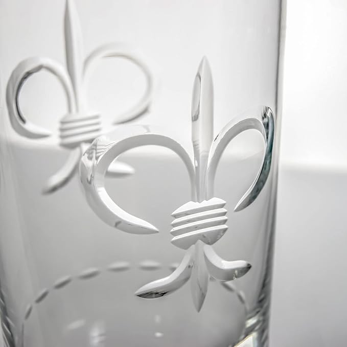 Rolf Glass Fleur De Lis Highball Glass 15 ounce - Set of 4 Cooler Glasses - Lead-Free Etched Drinking Glass with Heavy Base - Proudly Made in the USA
