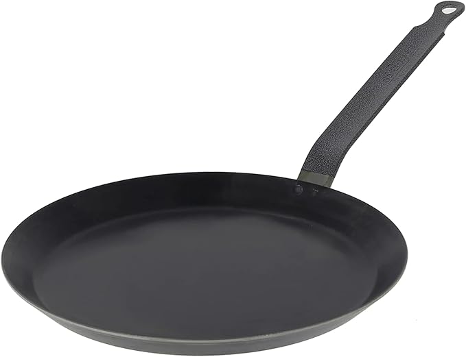de Buyer Blue Carbon Steel Crepe & Tortilla Pan - 9.5” Diameter, 7.5” Cooking Surface - Ideal for Making & Reheating Crepes, Tortillas & Pancakes - Naturally Non-Stick Finish - Made in France