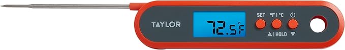 Taylor Digital Waterproof Kitchen Food and Meat Thermometer, with a Folding Probe, Programmable Presets, Backlit Display for Oven, Grilling, Smoker & BBQ - Includes 2 AAA Batteries