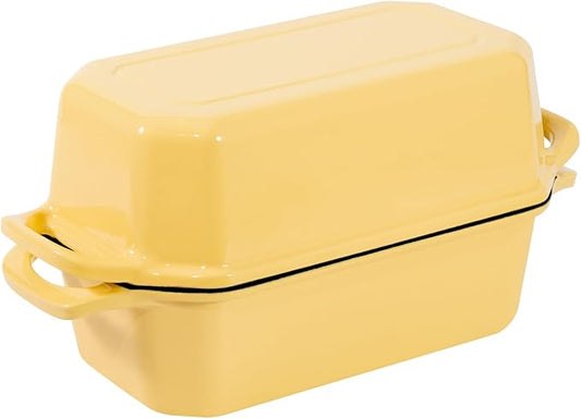 Flavehc Bread Pan Cast Iron Loaf Pan with Lid Bread Loaf Pan 9x5 Inch Loaf Pan Enameled Cast Iron Sourdough Loaf Pan, Yellow