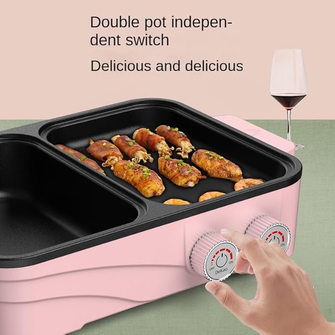 Hot Pot with Grill, 1500W Adjustable 2-in-1 Multifunctional Electric Oven, Suitable for 2-3 People, smokeless Barbecue hotpot, can be Fried or Fried (Pink)