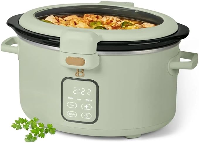 Beautiful by Drew 4.0-Quart Programmable Slow Cooker with Hinged Lid, Digital Timer, Keep Warm Function, Removable Stoneware Pot, Stainless-Steel Accents (Sage Green)