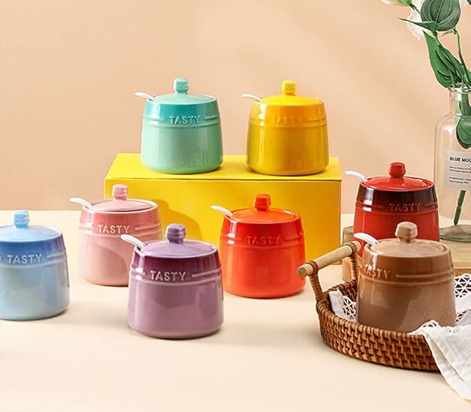 Colourful Ceramic Spice Jar Seasoning Box Condiment Pot Sugar Bowl with Lid Spoon-Red