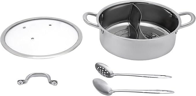 304 Food Grade Stainless Steel Shabu Shabu Hot pot with Divider&Lid,Leaky Spoon,Spoon,for Induction Cooktop Gas Stove Dual