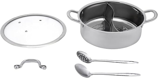 304 Food Grade Stainless Steel Shabu Shabu Hot pot with Divider&Lid,Leaky Spoon,Spoon,for Induction Cooktop Gas Stove Dual