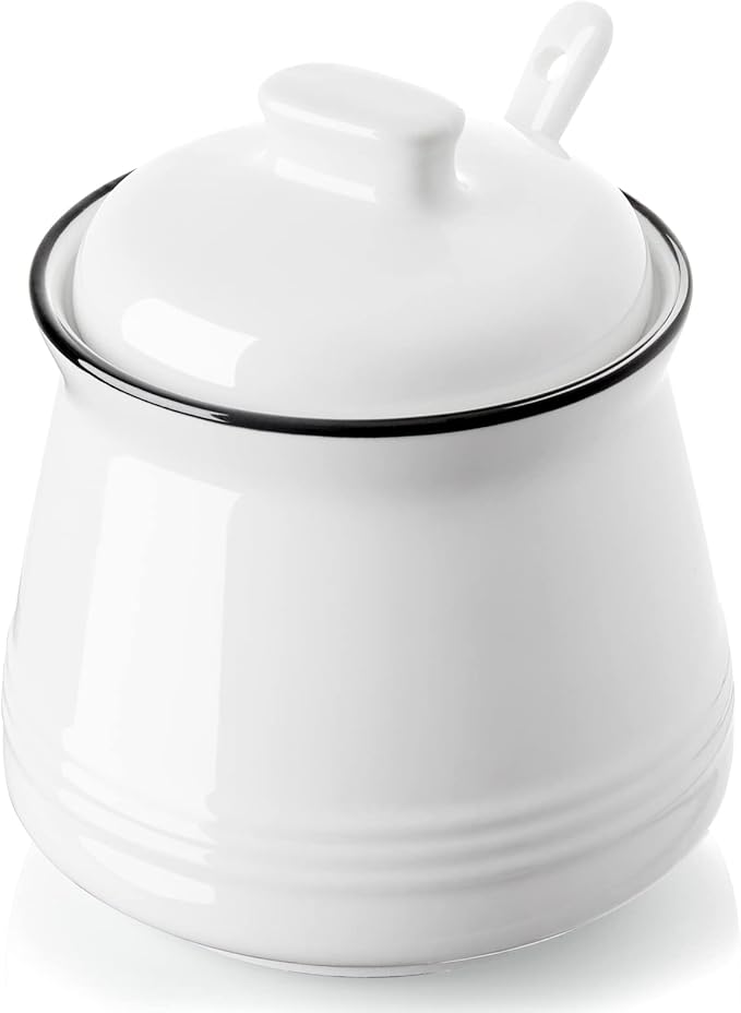 Sugar Bowl with Lid and Spoon, 12 oz Ceramic Sugar Bowl with Spoon, Sugar Container for Coffee Bar, Sugar Jar Sugar Dispenser Bowl, Modern Kitchen Decor, White