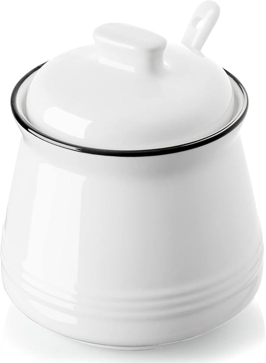 Sugar Bowl with Lid and Spoon, 12 oz Ceramic Sugar Bowl with Spoon, Sugar Container for Coffee Bar, Sugar Jar Sugar Dispenser Bowl, Modern Kitchen Decor, White