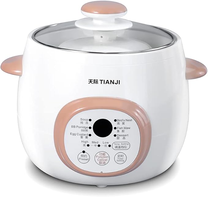 Tianji Electric Stew Pot, Ceramic Soup Porridge Cooker, Slow Cookers with Lid, 1L, White
