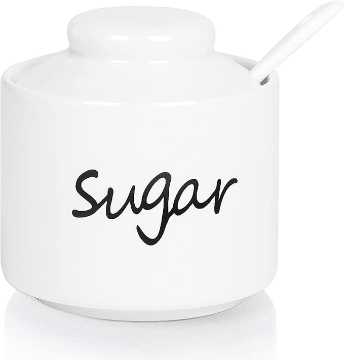 ONTUBE Ceramic Small Sugar Bowl with Lid and Spoon,Porcelain Sugar Pot,8oz (White)