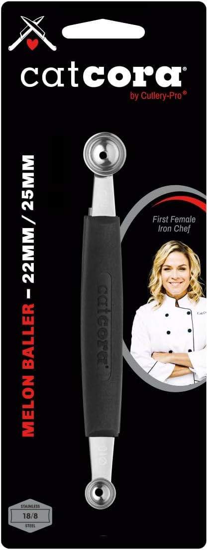 Cat Cora Melon Baller, Professional 18/8 Stainless Steel Dual Blades 22/25-Millimeter For Melon Balls and Garnishes, Ergonomic Soft-Grip Handle