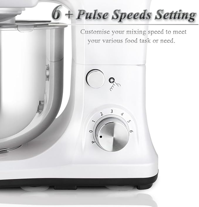 MURENKING Stand Mixer 5-QT, 6+P Speed Tilt-Head Food Mixer 300W Dough Mixer with Stainless Steel Bowl,Dough Hook,Flat Beater&Whisk Electric Kitchen Mixer for Household Baking, Anti-Slip(Pearl White)