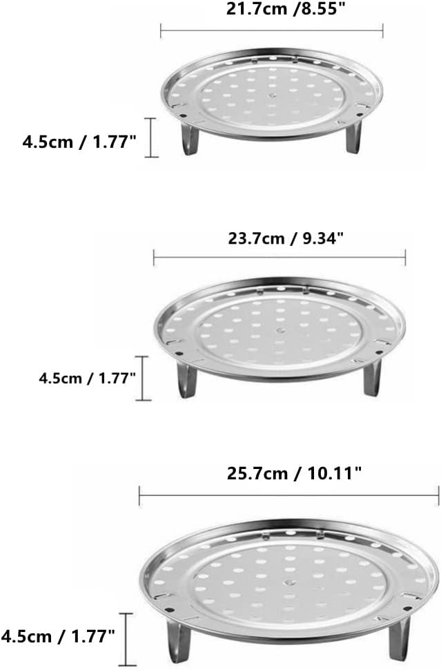Round Stainless Steel Steamer Rack, Thicken 8.5" 9.33" 10.11" Inch Diameter Canner Steaming Rack Stand Cooking Ware Food Vegetable Steam Tray for Pressure Cooker Pot (3 Pack)