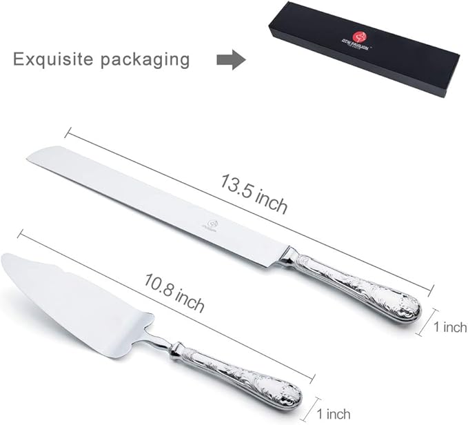 OTW PAVILION 2 Piece Wedding Cake Server Set,18/10 Stainless Steel Dessert Set Pie Server Cake Cutter Knife for Birthday,Anniversary,Holiday,Baby Shower,Party (Versailles, Stainless steel-V)