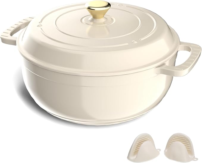 VINGLI 7.5QT Enameled Cast Iron Round Dutch Oven Pot with Lid, NonStick Casserole Pot with Dual Handles & Silicone GlovesRed, Oven Safe up to 500°F or on Stovetop, Dutch Oven for Bread Baking, White