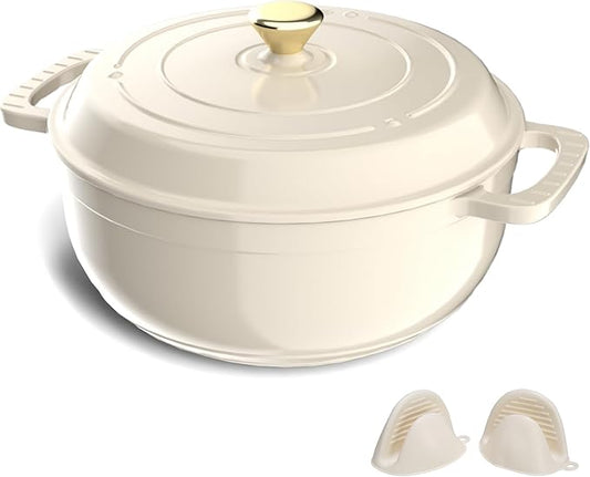 VINGLI 7.5QT Enameled Cast Iron Round Dutch Oven Pot with Lid, NonStick Casserole Pot with Dual Handles & Silicone GlovesRed, Oven Safe up to 500°F or on Stovetop, Dutch Oven for Bread Baking, White