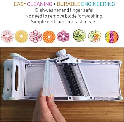 Mandolin Slicer Adjustable Mandoline | Best Hand-Held Cutter for Vegetable Potato Zucchini Food | Professional Steel Blade - Safe Finger Guard - 9-in-1 Japanese Design White