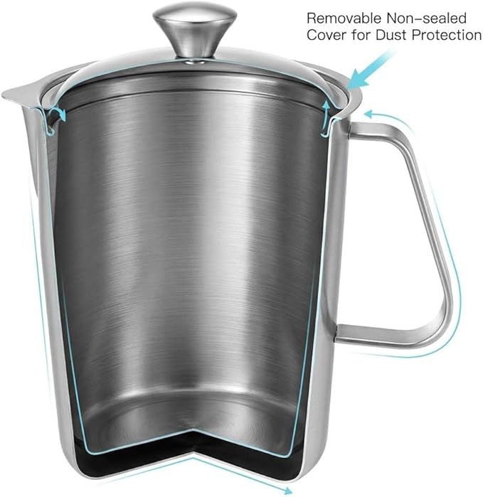 QWORK Large 70 oz Stainless Steel Measuring Cup with Removable Lid – Extra Capacity Marked Pitcher for Kitchen, Coffee & Bar Use
