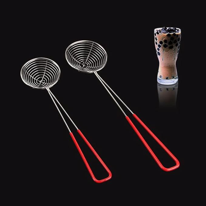 2Pcs Stainless Steel Strainer Spoons Boba Spoon Scoop Hot Pot Strainer Spoons Ladle Wire Cooking Skimmers Spoon with Handle for Hot Pot, Meatball, Kitchen Baking Oil Filter, 2 Sizes