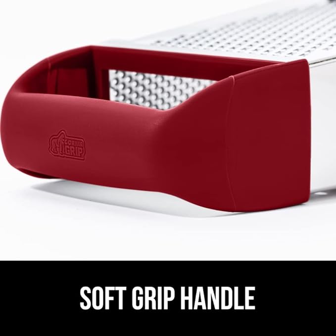 GORILLA GRIP 4-Sided Stainless Steel Cheese Grater With Container, 100% BPA-Free Box Grater, Slip Resistant Base and Handle, Grate Parmesan, Hard Cheeses, Shred Vegetables, Dishwasher Safe, Red