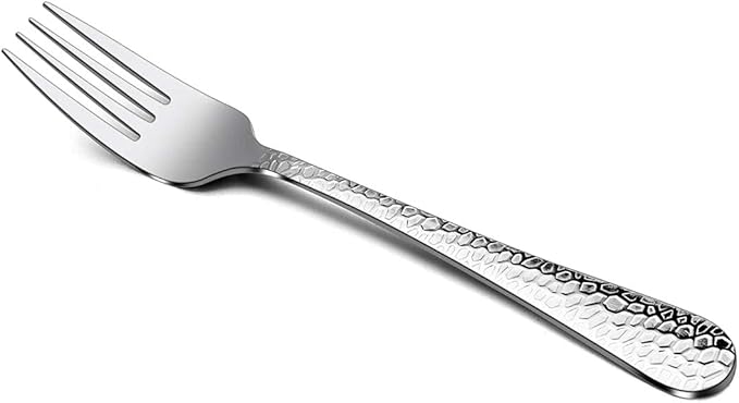 Hammered Salad Forks Set of 6, E-far Stainless Steel Appetizer Dessert Forks, Silverware Flatware Small Forks, Mirror Finish, Dishwasher Safe - 6.7 Inches