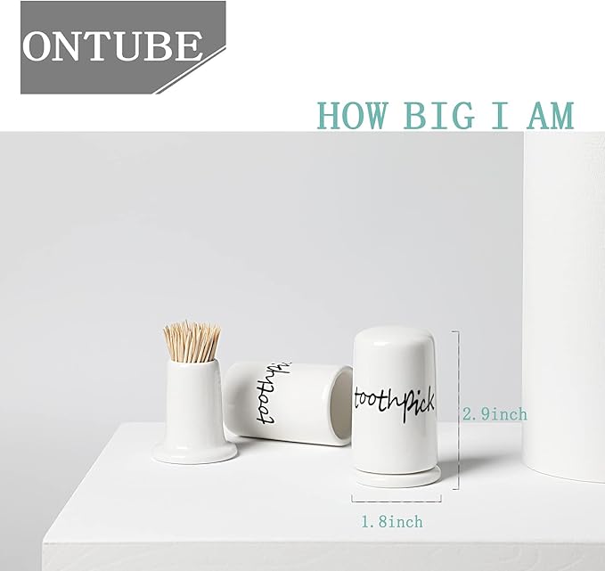 ONTUBE Ceramic Toothpick Holder Dispenser with Lid, Set of 2, White