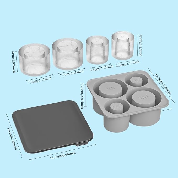 Large Silicone Ice Cube Tray for 20-30-40 oz Tumbler Cup, Slow Melting Ice Mold with Lid, Easy Release Ice Maker(Grey)
