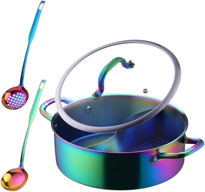 11.8 Inch Stainless Steel Shabu Hot Pot with Divider, Glass Lid Dual Sided Stockpots, Slotted Spoon and Soup Ladle for Induction Cooktop Gas Stove,Dishwasher safe (Rainbow Color)