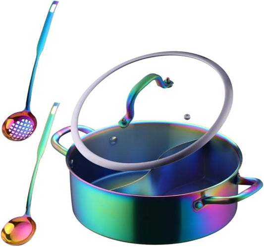 11.8 Inch Stainless Steel Shabu Hot Pot with Divider, Glass Lid Dual Sided Stockpots, Slotted Spoon and Soup Ladle for Induction Cooktop Gas Stove,Dishwasher safe (Rainbow Color)