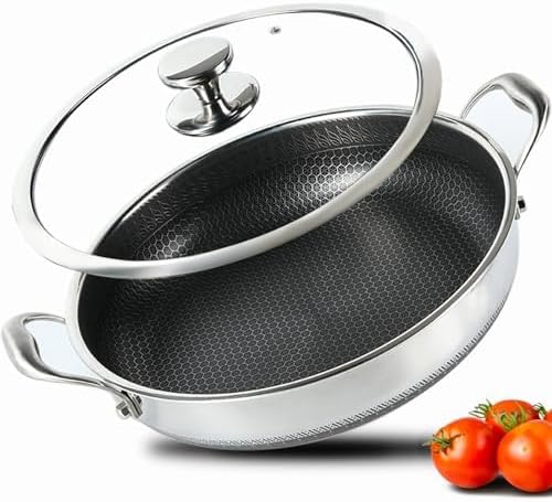 CYRDER Large Hybrid Nonstick Deep Frying Pan-13inch 316L Stainless Steel Sauté Pan and Lid, Two Handle Hold, PFOA Free, Dishwasher Oven Safe, Cookware to Stir fry/Toast/Roast/Bake/Stew, 7.2-Quart