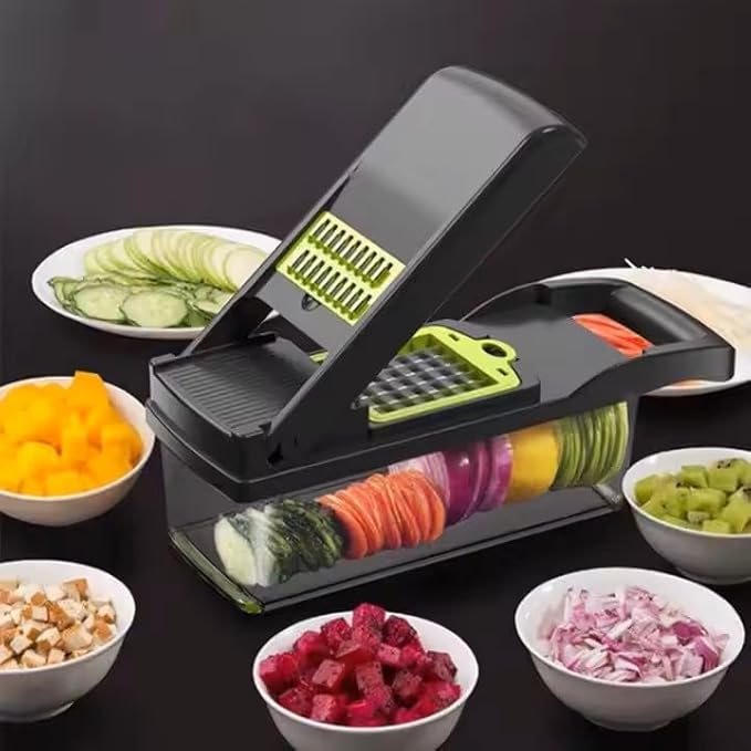 DOSTDR - Vegetable Chopper, Mandoline Slicer, Veggie Chopper, Food Chopper with Container, Vegetable Cutter for Onion Salad Vegetable Chopper, Fruit Slicer, Shredding, Multi-Function (Gray Green)