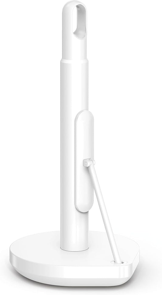 simplehuman Tension Arm Standing Paper Towel Holder, Heavy-Duty, Easy One-Handed Tear, Kitchen Countertop, White Stainless Steel