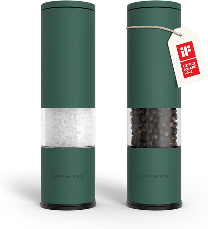LARS NYSØM Salt and Pepper Grinder Set Manual, Stainless Steel Salt and Pepper Mills with Adjustable Ceramic Grinder I Design Spice Shakers (Pine Green)