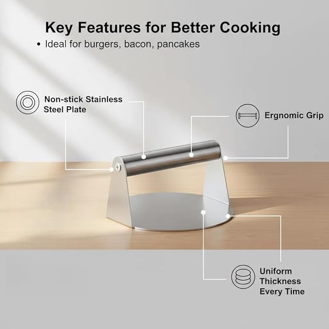 Stainless Steel Burger Press – Manual Patty Maker for Hamburgers, Sandwiches, Bacon, Pancakes