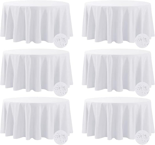 Fokitut 6 Pack Waterproof Round Tablecloth, 132 Inch, Stain Resistant and Wrinkle Polyester Table Cloth, Fabric Table Cover for Kitchen Dining, Wedding, Party, Holiday Dinner-White
